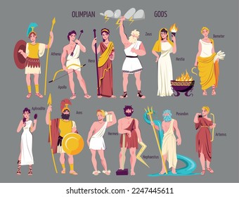 Icono plano de dioses olímpicos con athena appolo hera zeus hestia demeter aphrodite ares hermes hephaestus posidon artemis ilustración vector