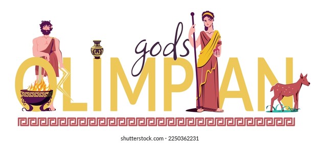 Olympian gods flat text composition large inscription gods olympian two figures of the gods and a small deer vector illustration