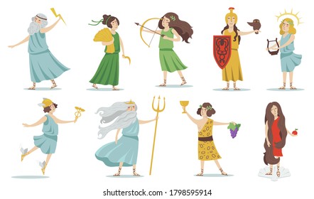 Olympian gods and goddesses. Poseidon, Venus, Hermes, Athena, Cupid, Zeus, Apollo, Dionysus. For Greek mythology, ancient Greece culture concept. Isolated vector illustrations set.