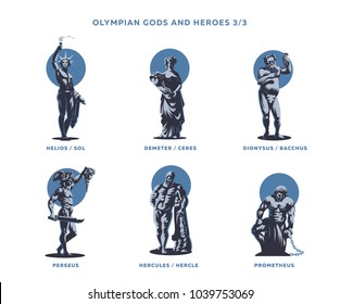 Olympian gods and heroes. Set 3/3 of vector emblems.