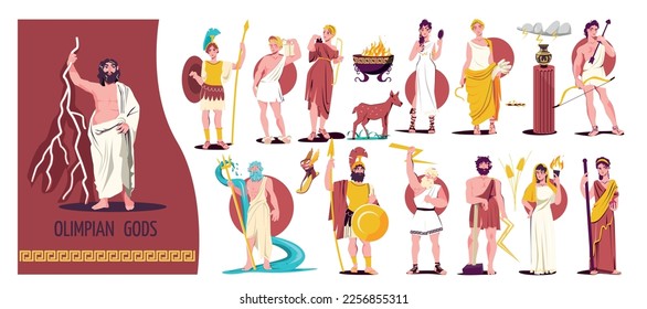 Olympian gods isolated flat icon set different gods figures and greek warriors vector illustration