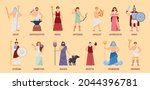 Olympian greek gods and goddesses cartoon characters set, flat vector illustration isolated on background. Greek antique mythology gods personages collection.