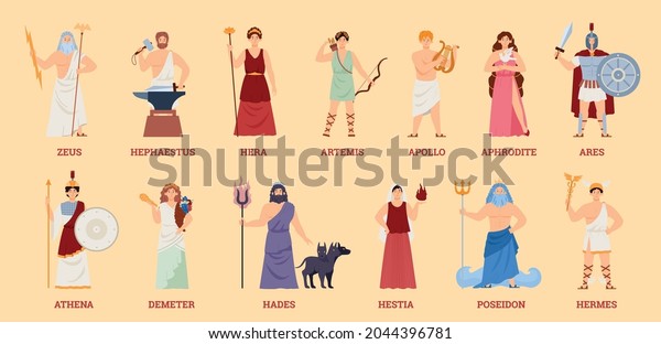 Olympian greek gods and goddesses\
cartoon characters set, flat vector illustration isolated on\
background. Greek antique mythology gods personages\
collection.