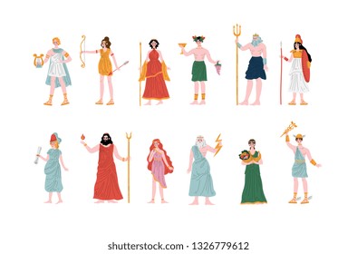 Olympian Greek Gods set, Apollo, Hera, Dionysus, Zeus, Demetra, Hermes, Clio, Artemis, Aphrodite, Poseidon, Ancient Greece Mythology Heroes Vector Illustration