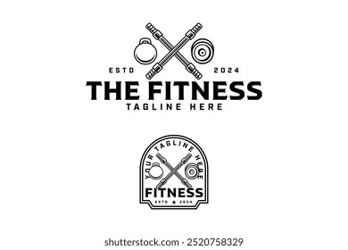 bar olímpico cruzado com kettlebell, barbelloutline emblema logotipo design definido para ginásio fitness sport. power bar, barbell, kettlebell ilustração modelo de logotipo para musculação, halterofilismo clube 