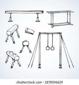 Olympic coach power leisure man vault health element set view white backdrop. Black outline hand drawn metal pommel beam leg well action object sign logo emblem in modern line art doodle cartoon style