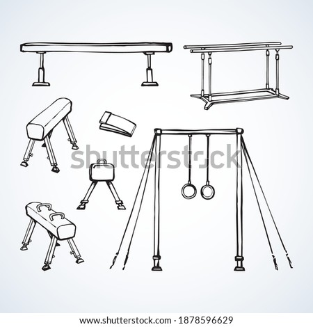 Olympic coach power leisure man vault health element set view white backdrop. Black outline hand drawn metal pommel beam leg well action object sign logo emblem in modern line art doodle cartoon style