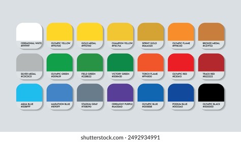 Olympic Color Palette, Olympic Color Guide Palette with Color Names. Catalog Samples of Olympic Multicolor with RGB HEX codes. Multi Colors Palette Vector, Fashion Trend Olympic Color Palette shades