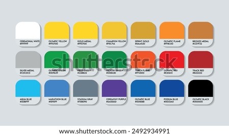 Olympic Color Palette, Olympic Color Guide Palette with Color Names. Catalog Samples of Olympic Multicolor with RGB HEX codes. Multi Colors Palette Vector, Fashion Trend Olympic Color Palette shades