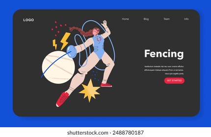 Olympic Fencing concept. An athlete in a dynamic pose lunges with a foil amidst abstract elements. Website interface elements included. Vector illustration.