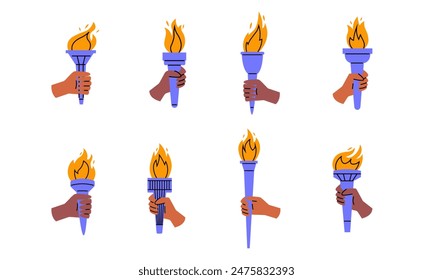 Olympic flame. Set of torches with flames in hands. Symbols of victory in competitions.