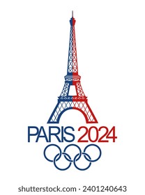 Juegos Olímpicos 2024. Torre Eiffel y la inscripción París 2024 con anillos olímpicos. Símbolo, vector