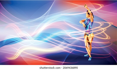 Olympic games, 2024 Paris Rhythmic gymnastic. vector illustration in triangles Rhythmic gymnastic. Sport ruuner of triangle . Vector. winner. Sport illustration in vector. 