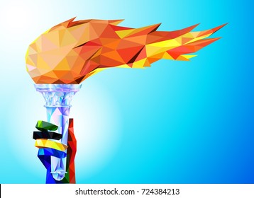 Факел, Пламя. Рука из олимпийских лент держит Кубок с факелом на синем фоне в геометрическом треугольнике XXIII зимних игр стиля. Олимпийские игры