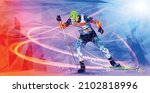 Olympic games Beijing 2022.The polygonal colourful triangles figure of a young man skier with on a blue background. Vector illustration in a geometric triangle of XXIV style Winter games. Vector illus