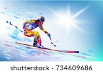 Olympic games Beijing 2022. The polygonal colourful triangles figure of a young man snowboarding with on a  blue background. Vector illustration in a geometric triangle of XXIII style Winter games