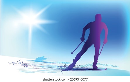 Olympic games Beijing 2022.The polygonal colourful triangles figure of a young man skier with on a blue background. Vector illustration in a geometric triangle of XXIV style Winter games