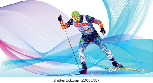 Olympic games Beijing 2022.The polygonal colourful triangles figure of a young man skier with on a blue background. Vector illustration in a geometric triangle of XXIV style Winter games Vector 
