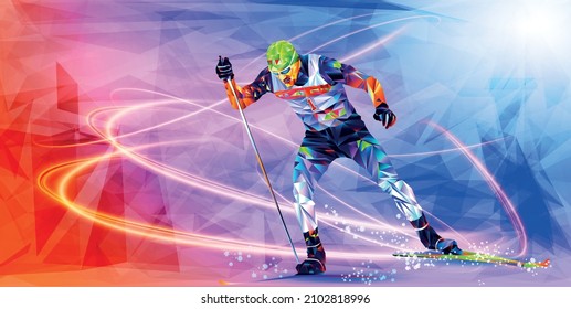 Olympic games Beijing 2022.The polygonal colourful triangles figure of a young man skier with on a blue background. Vector illustration in a geometric triangle of XXIV style Winter games. Vector illus