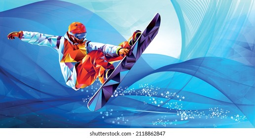  Olympic games Beijing 2022.The polygonal colourful triangles figure of snowboarder, snowboarding.