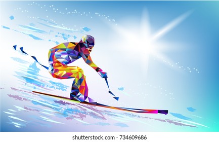 Olympic games Beijing 2022. The polygonal colourful triangles figure of a young man snowboarding with on a  blue background. Vector illustration in a geometric triangle of XXIII style Winter games