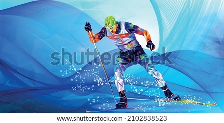 Olympic games Beijing 2022.The polygonal colourful triangles figure of a young man skier with on a blue background. Vector illustration in a geometric triangle of XXIV style Winter games Vector