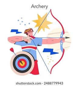 Olympic Games concept. An athlete in focused precision aiming an arrow in archery competition. Spirit of sportsmanship and skill. Vector illustration.