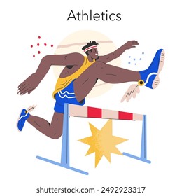 Olympic Games concept. An athlete in mid-action hurdling over a barrier captures the dynamic nature of track and field events. Athletic competition and determination. Vector illustration.