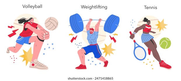 Olympic Games concept. Dynamic athletes engaging in volleyball, weightlifting, and tennis. Active sports competition illustration. Vector illustration.