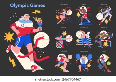 Olympic Games concept. Vibrant collection of athletes competing in various sports, embodying the spirit of international competition. Dynamic poses and national pride. Vector illustration.