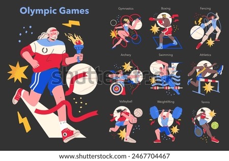 Olympic Games concept. Vibrant collection of athletes competing in various sports, embodying the spirit of international competition. Dynamic poses and national pride. Vector illustration.