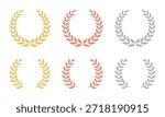 Olympic games gold silver bronze laurel wreath medal award set on white background. Colorful leaf floral luxury champion emblem icon set. Set of gold, silver and bronze laurel wreath. vector eps file