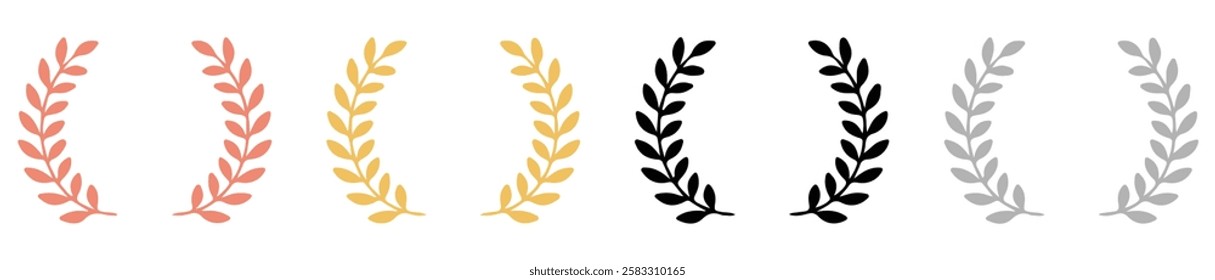 Olympic games gold silver bronze laurel wreath medal award set on white background. Colorful leaf floral luxury champion emblem icon set. Vector illustration eps file.