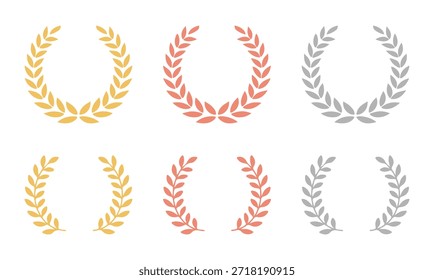 Juegos Olímpicos oro plata bronce laurel corona de medalla de premio sobre fondo blanco. Conjunto de iconos de emblema de campeón de lujo floral de hoja colorida. Conjunto de corona de laurel de oro, plata y bronce. Vector eps file