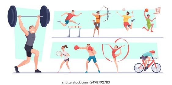 Olympic games. Sport people outdoor fitness activities exact vector olympic games characters