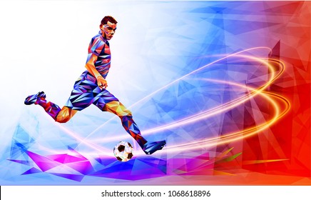 Olympic Games, Tokyo 2021 Soccer Player Against The Background Of The Stadium  Football Player In Full Color Vector Illustration In Triangular Style Isolated On White Background.