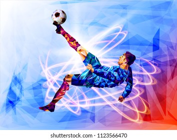 Olympic Games, Tokyo 2021 Soccer Player Against The Background Of The Stadium Football Player In Full Color Vector Illustration In Triangular Style Isolated On White Background.