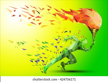 Olympic games, Tokyo 2021 Torch, Flame. runner with a torch on a green background in the geometric style triangle