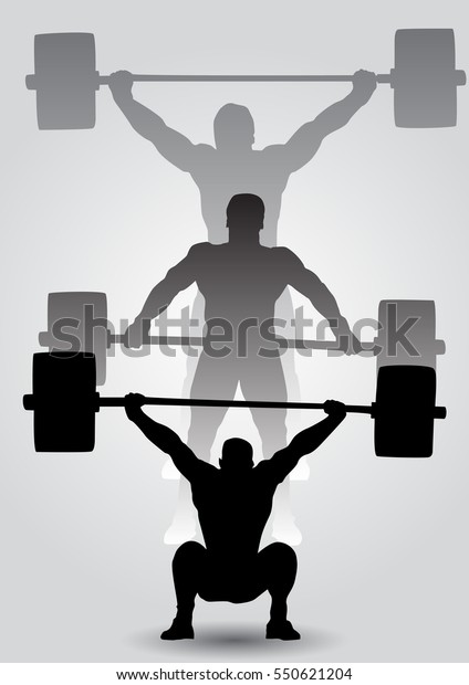 重量挙げ選手はバーベルと一緒に座っている スナッチ 3人の選手がスナッチ運動をしているシルエット 重量挙げ のベクター画像素材 ロイヤリティフリー