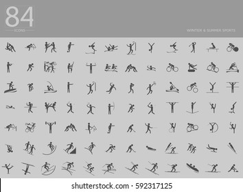 Olympic games vector set of 84 winter, summer sport icons. Silhouette sport signs collection. Indoor, outdoor activities, single, team sport included. Graphic clip art for design, mobile, web, print