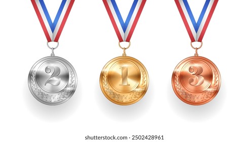 Olympic games winners medals on ribbons realistic vector illustration. Athletic tournament participants rewards 3d models on white background