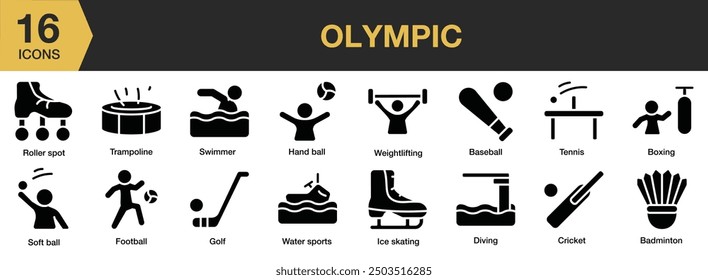 Olympic Glyph icon set. Includes cricket, football, golf, soft ball, water sport, tennis, icon and More. Solid icons vector collection.