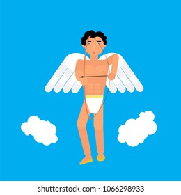 Olympic god Eros. Stock vector illustration of winged myth creature Cupid . Flat style