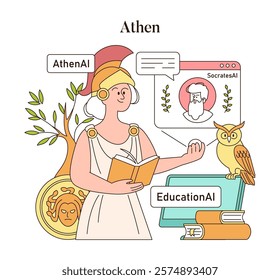 Olympic Gods AI Education concept. Athena integrates technology with wisdom, featuring an owl and ancient Greek motifs. Vector illustration.