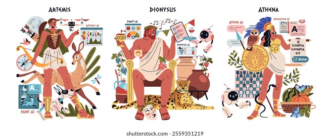 Olympic Gods AI set. Modern twist on Artemis, Dionysus, and Athena with technology elements. Mythology meets artificial intelligence theme. Vector illustration.