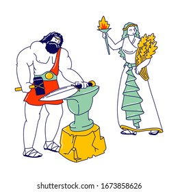 Olympic Gods Characters Hephaestus or Vulcan Patron of Fire and Blacksmiths. Goddess Demeter or Ceres Patroness of Fertility, Agriculture and Marriage in Greek Muths. Linear People Vector Illustration