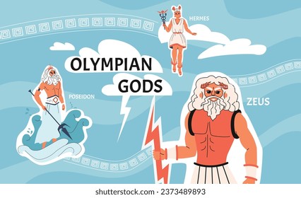 Composición de dioses olímpicos con collage de íconos planos texto y personajes de la ilustración de zeus posidon y hermes vectorial