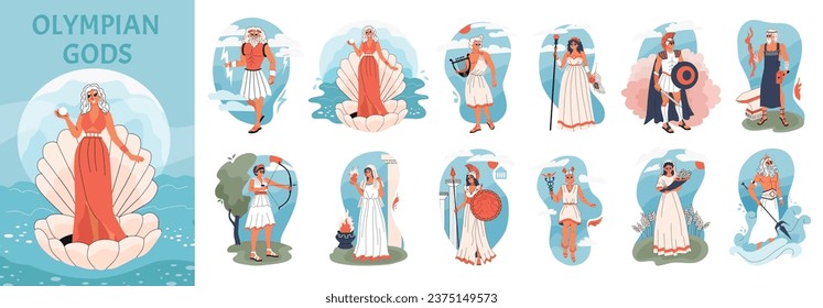 Olympic gods flat composition with doodle human character of venus in shell with similar isolated icons vector illustration