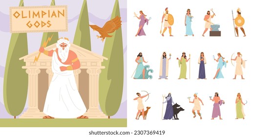 Olympic gods flat icons with classic greek deities isolated vector illustration