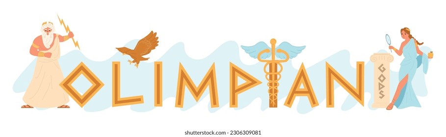 Olympic gods flat text with Zeus and Hera figures vector illustration